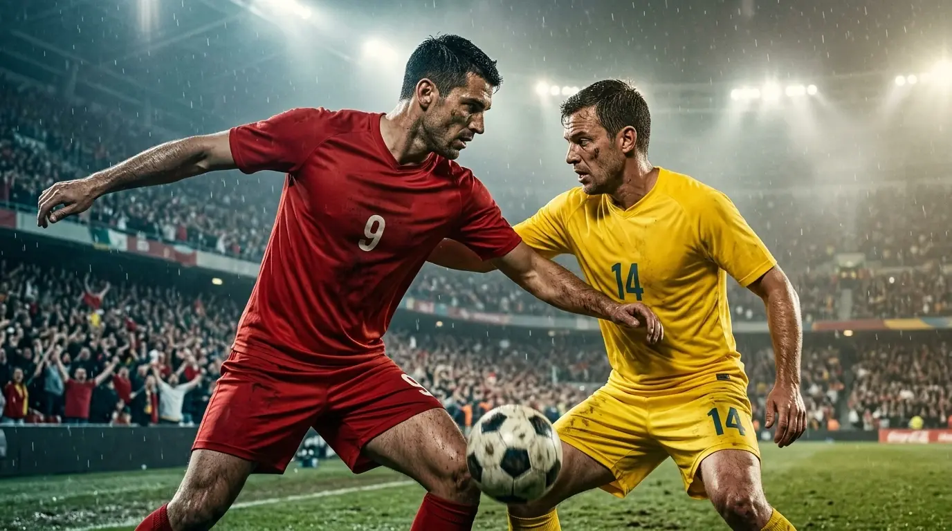Norsk angriber i rødt over for en spiller i den gule brasilianske trøje før en VM-kamp