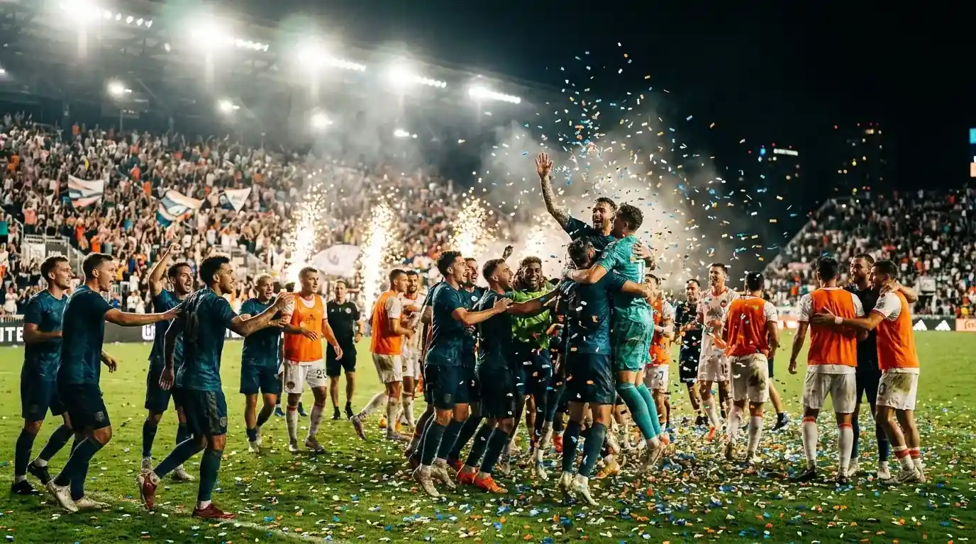 To landshold på en oplyst arena i Miami om aftenen efter en målrig kamp, konfetti og lys