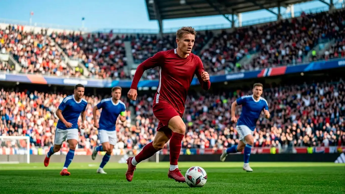 Norsk landsholdsspiller i rødt under en VM-kamp i et amerikansk stadion