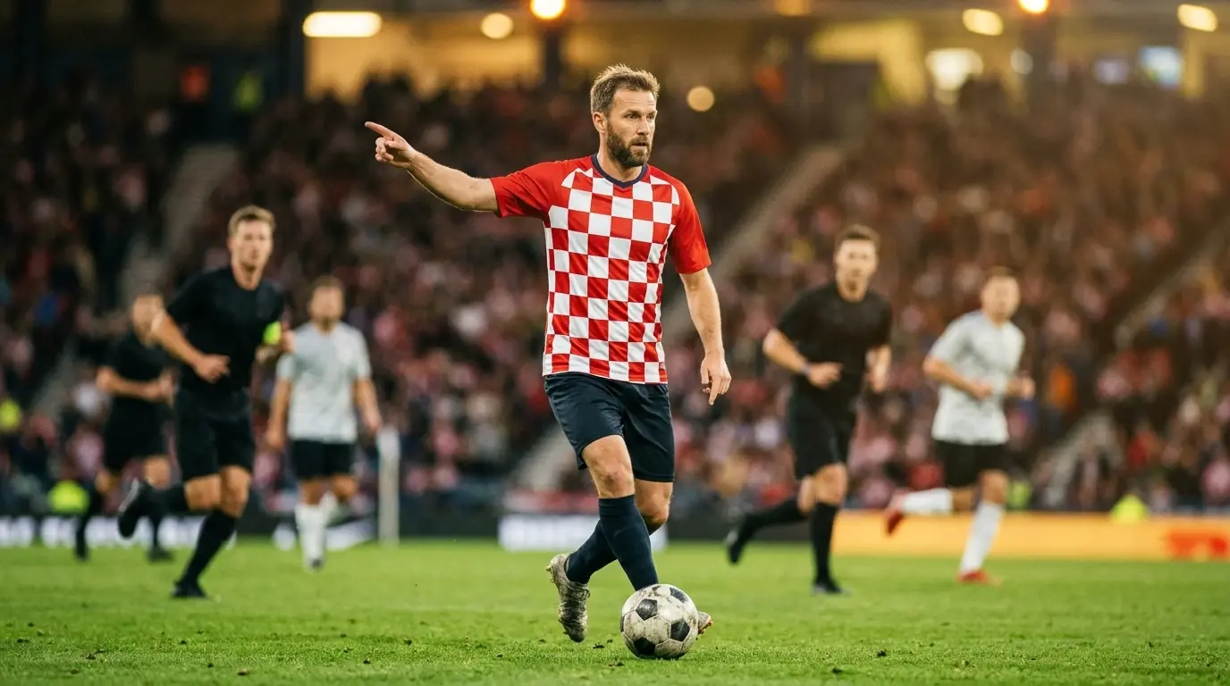 Erfaren midtbanespiller dirigerer spillet under en aftenkamp på et stadion