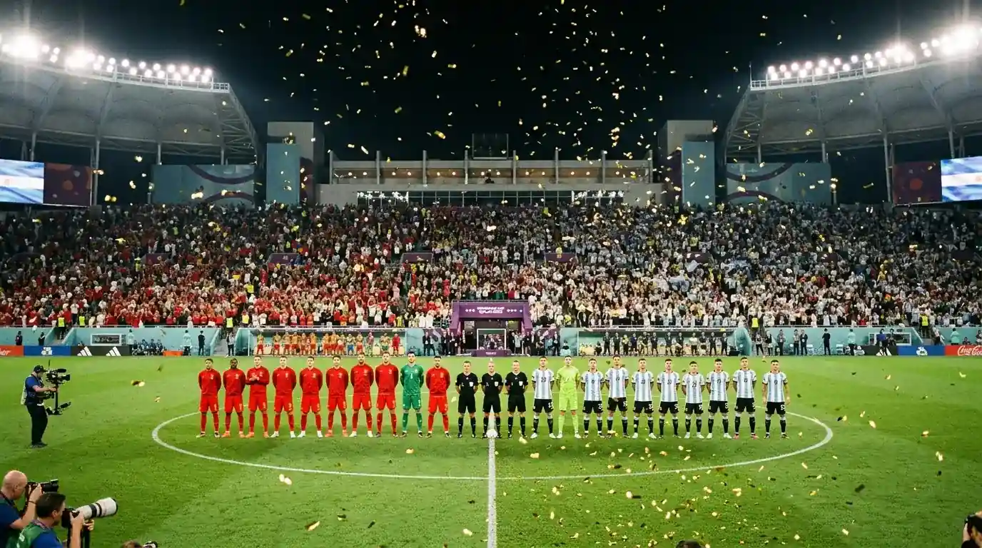 To landshold stiller op på et fyldt, oplyst stadion før finalen, gyldne konfetti i luften