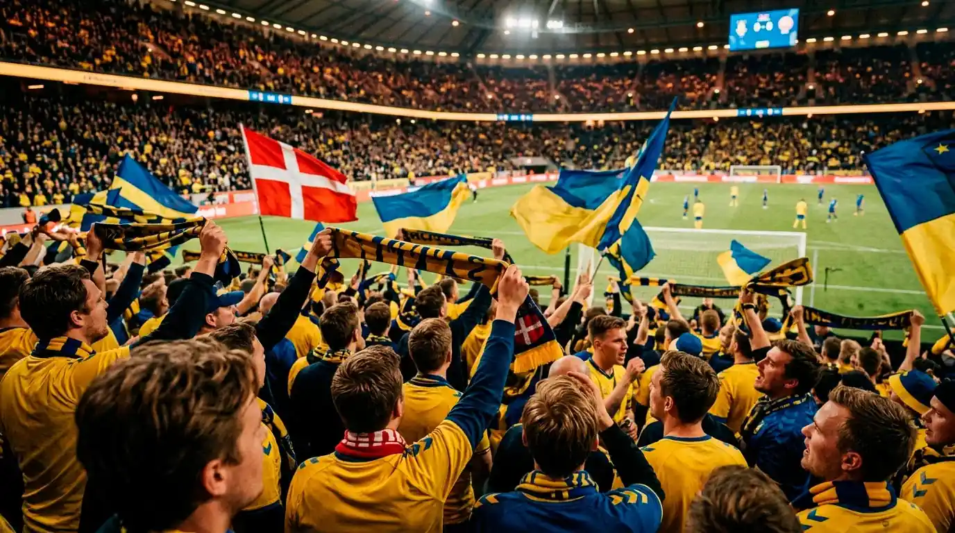 Svenske fans i gult og blåt følger en afgørende VM-kamp