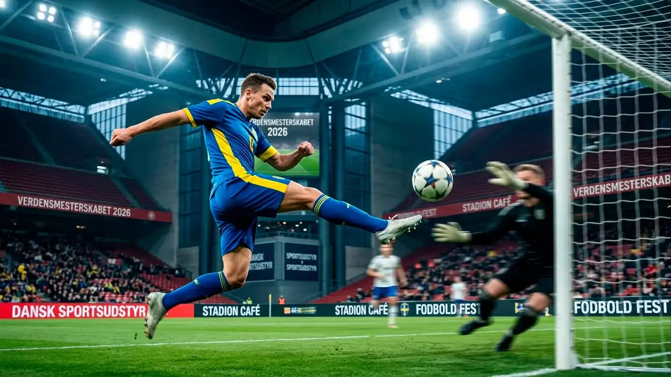 Svensk angriber i blå-gul trøje afslutter mod mål under VM 2026