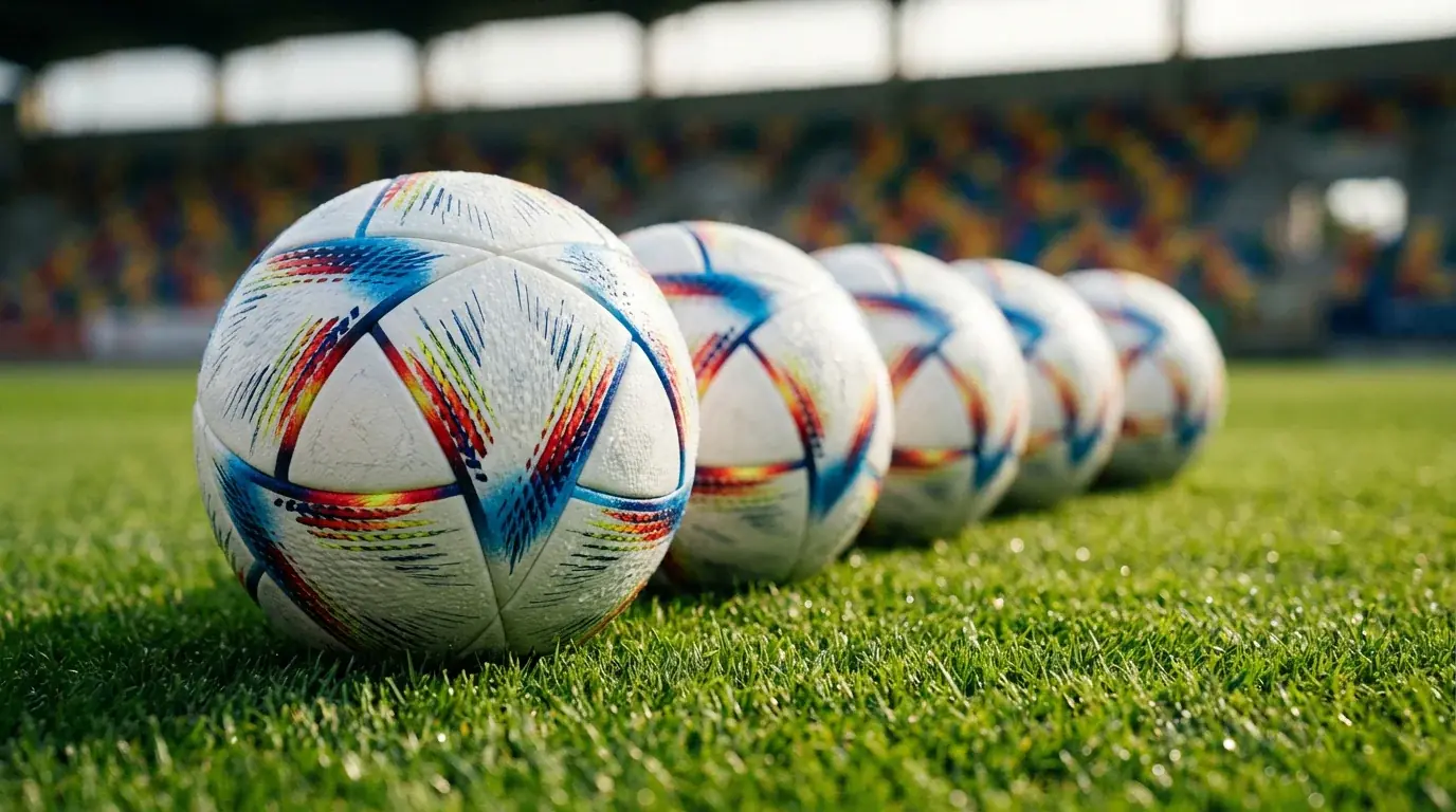 Officielle VM-bolde opstillet foran en størrelsestavle med alle 12 grupper på grønt græs