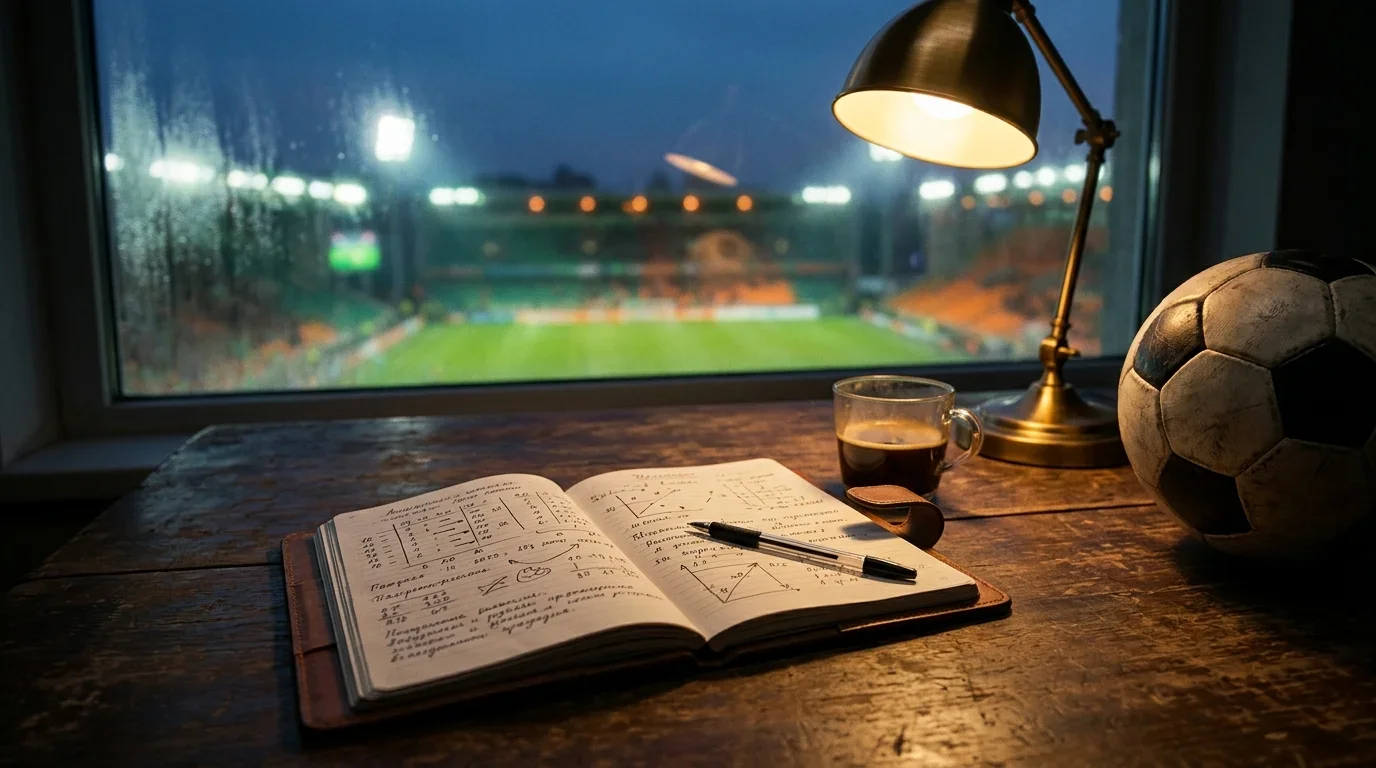 Notesbog med kampanalyser og en fodbold på et bord foran et oplyst stadion før en VM-kvartfinale