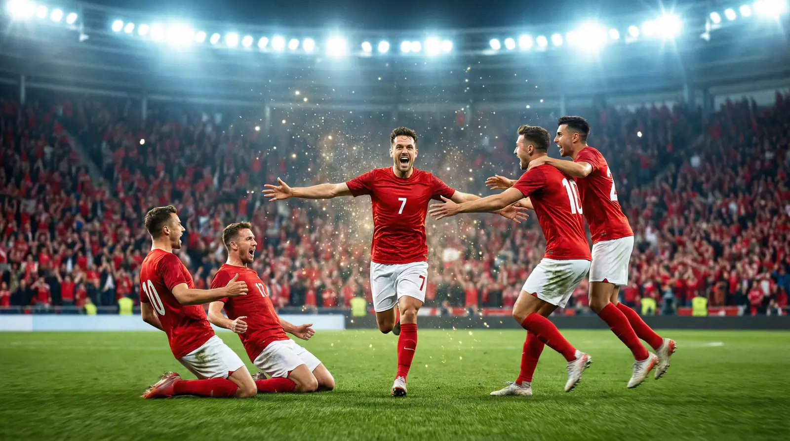 Norske fodboldspillere i røde trøjer fejrer en scoring på banen under en aftenkamp