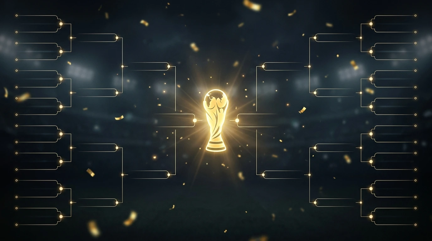 Grafisk illustration af et VM-slutspilstræ med en pokal i midten