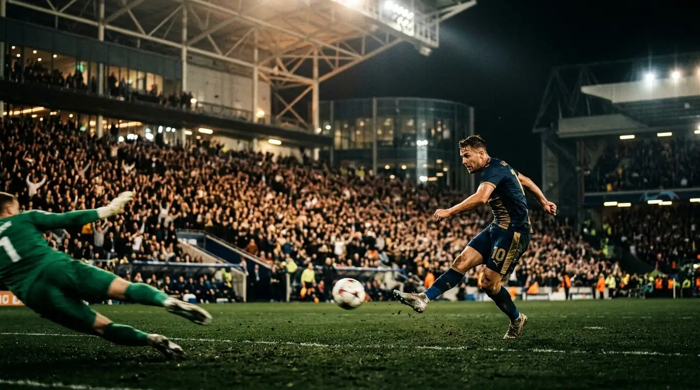 Fodboldspiller sparker et sent straffespark under kunstig belysning på et VM-stadion