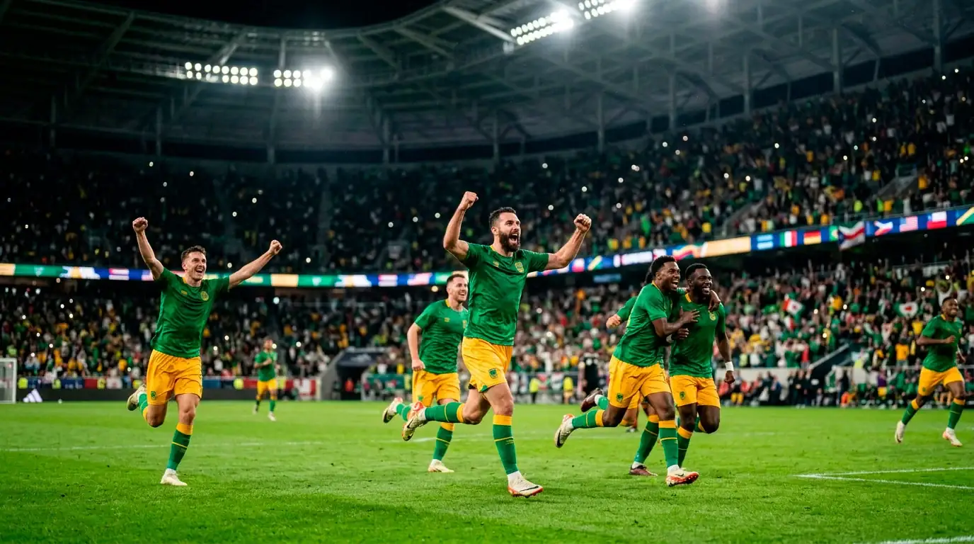Sydafrikanske spillere fejrer en historisk sejr i gruppespillet ved VM 2026