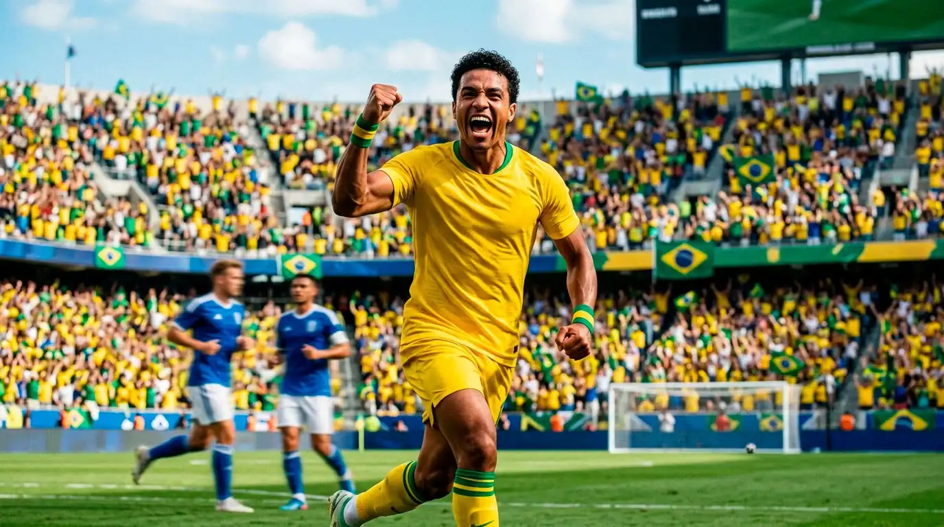 Brasiliansk angriber jubler efter scoring under VM 2026 i USA