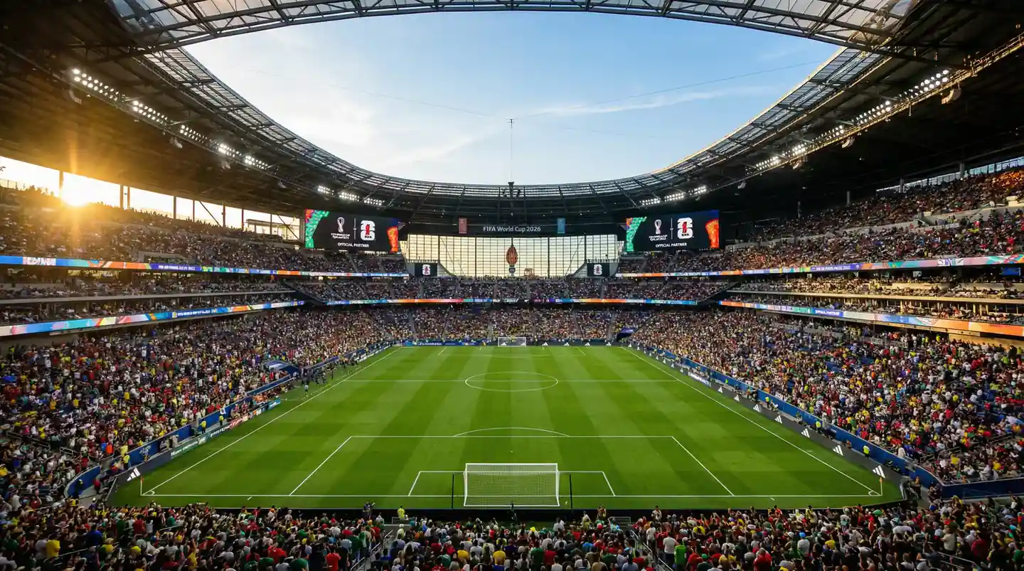 Stort fodboldstadion i USA klar til VM 2026 med grøn bane og fyldte tribuner ved solnedgang