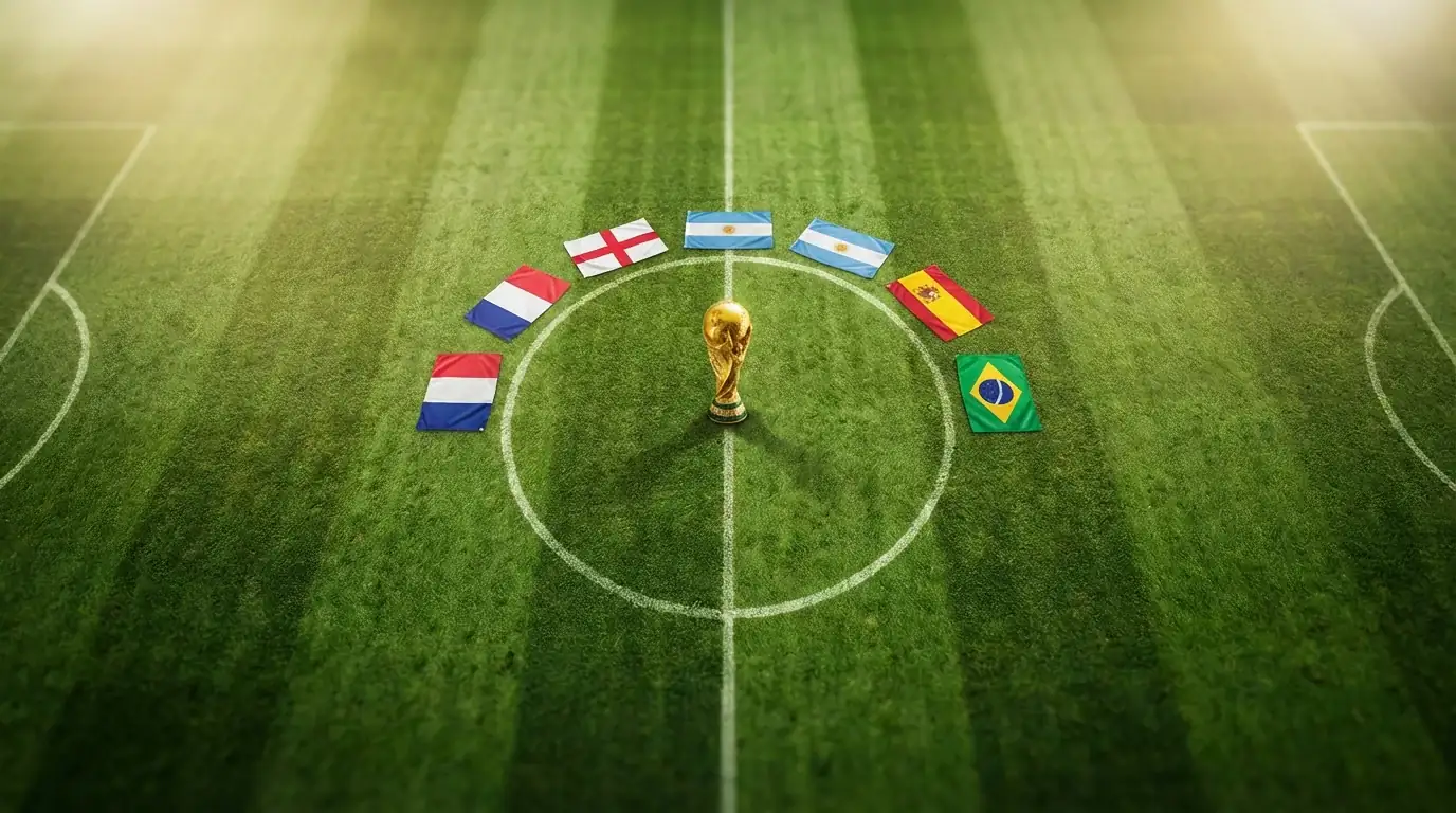 Oversigt over VM-vinder odds 2026 med flag fra favoritlandene